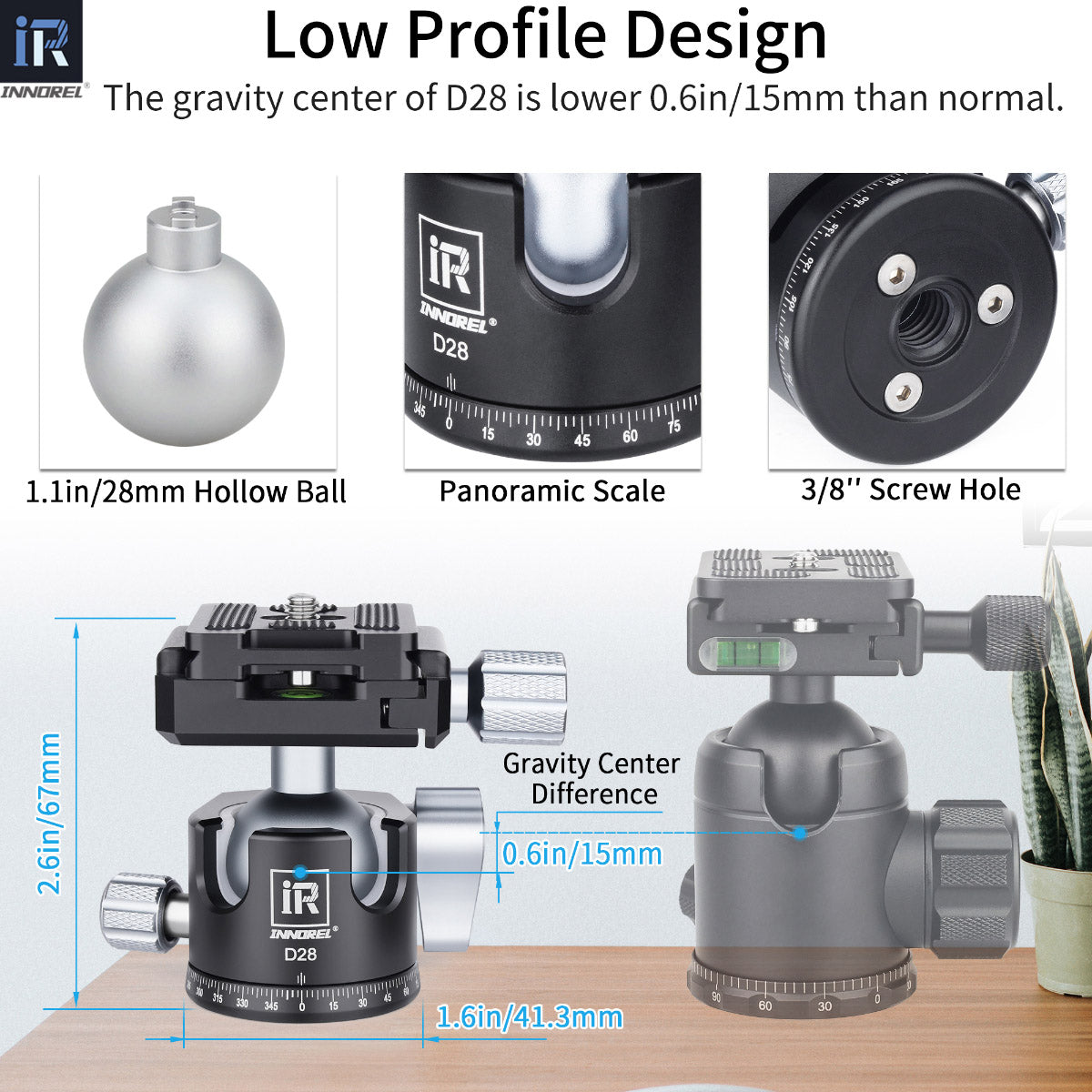 28/34mm Low Profile Tripod Ball Head INNOREL D28/D34