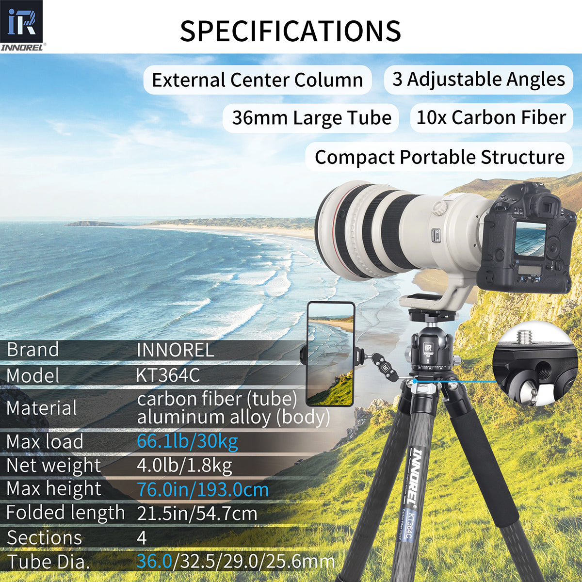 Carbon Fiber Camera Tripod 36mm Tube INNOREL KT364C