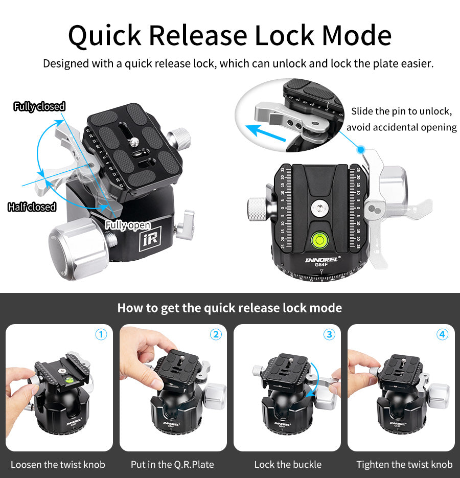INNOREL G44F/G54F Quick Locking Low Profile Tripod Ball Head, Fast Lever Release, Panoramic CNC Metal Arca Swiss, DSLR Camcorder