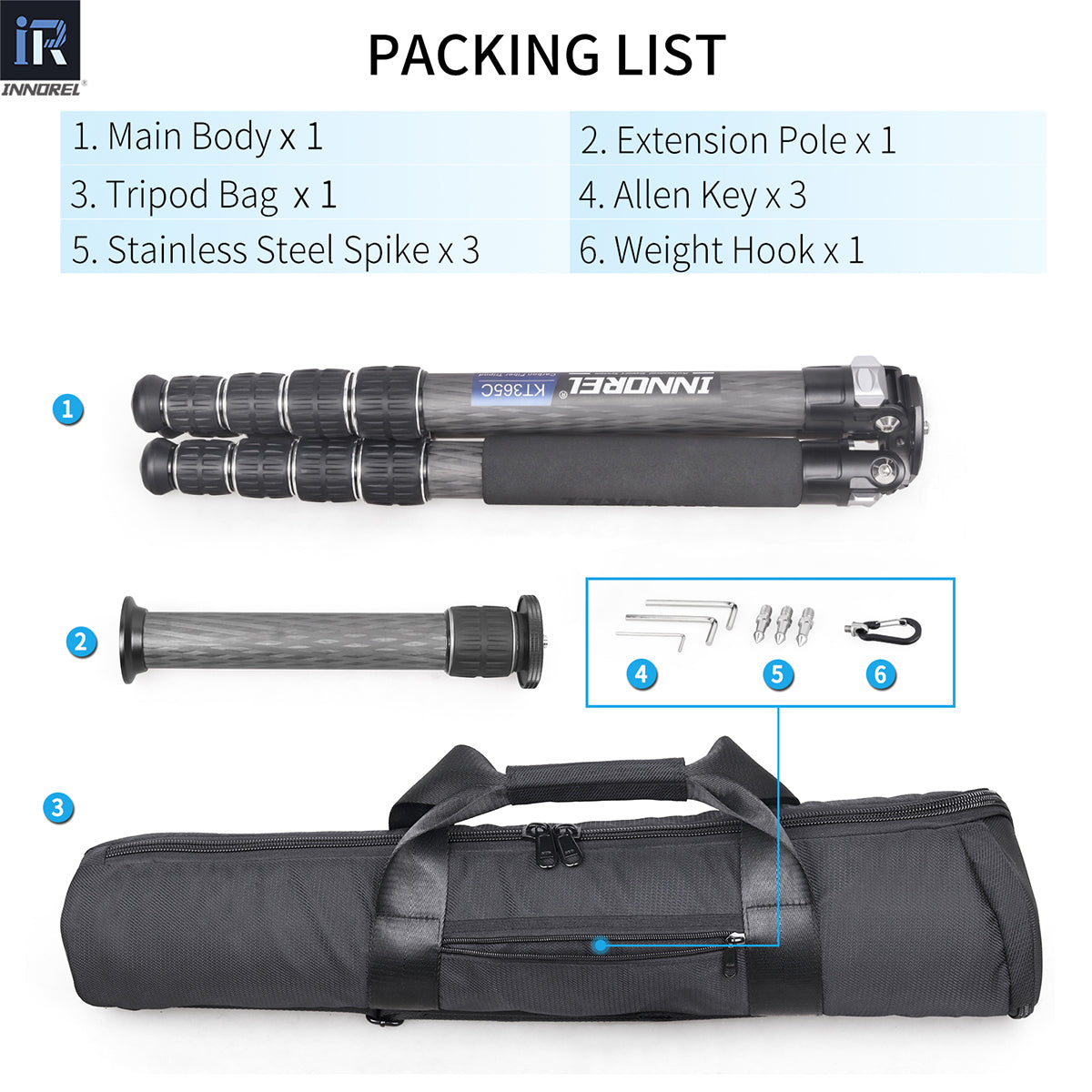 INNOREL 5 Sections Carbon Fiber Compact Tripod KT365C