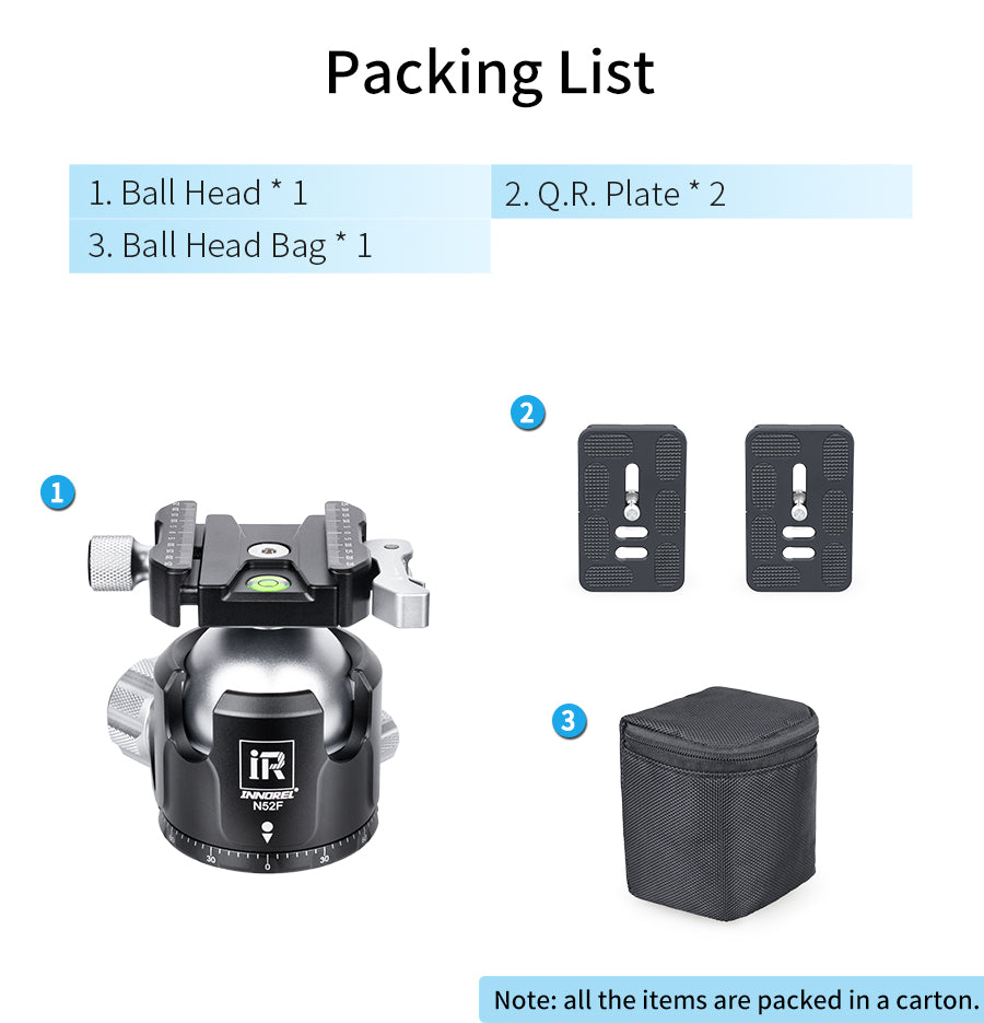 INNOREL N36F/N44F/N52F Silvery Quick Locking Low Profile Tripod Ball Head with 2 Plates