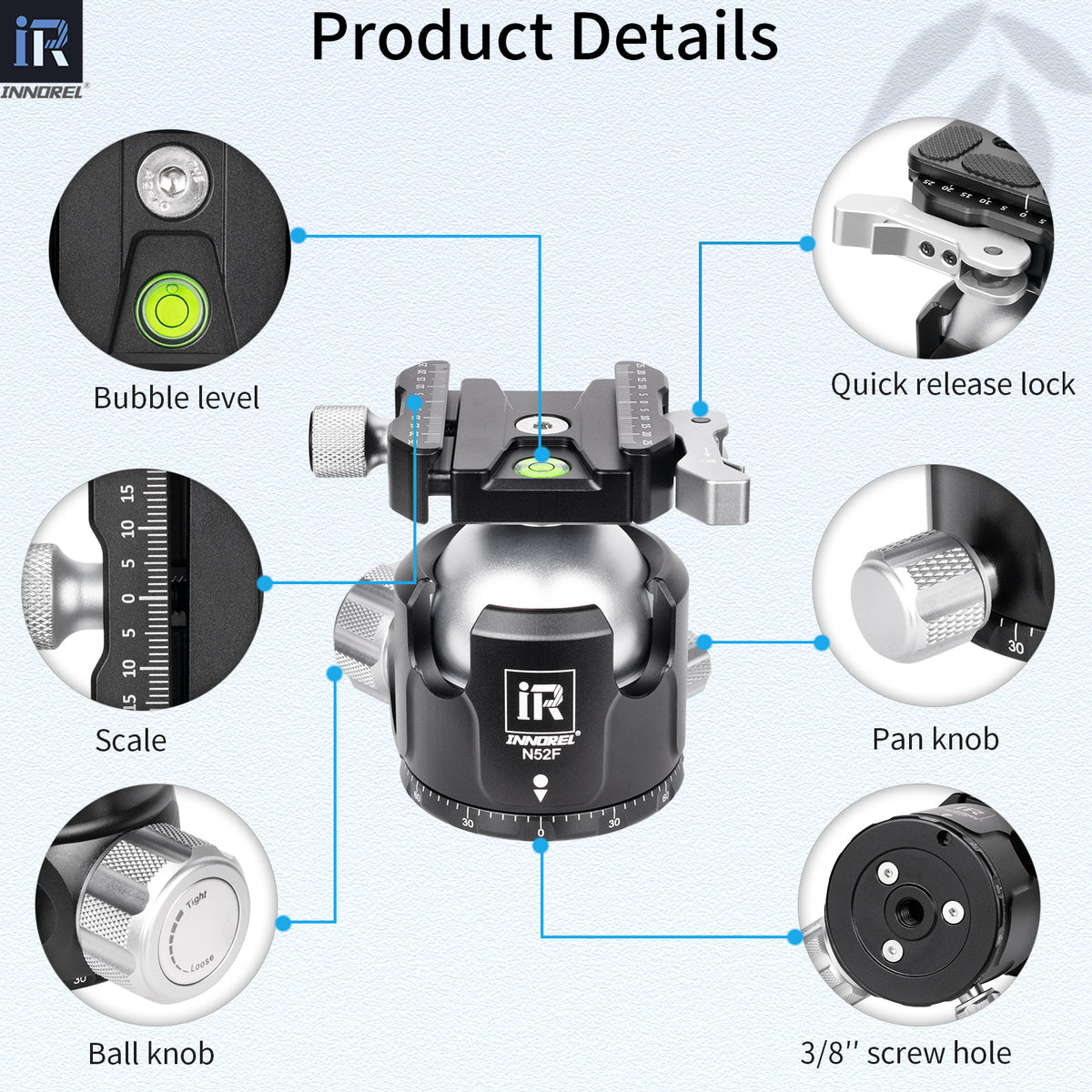 INNOREL N36F/N44F/N52F Silvery Quick Locking Low Profile Tripod Ball Head with 2 Plates