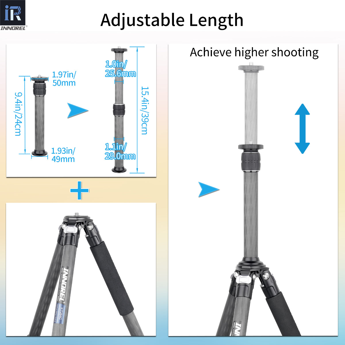 Colonne centrale de trépied en fibre de carbone 10 couches universelle INNOREL ER252C/ER282C/ER322C