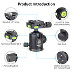 B36N ballhead detail showing locking knob base and 3/8in female thread spirit level bubble for precise levelling panoramic