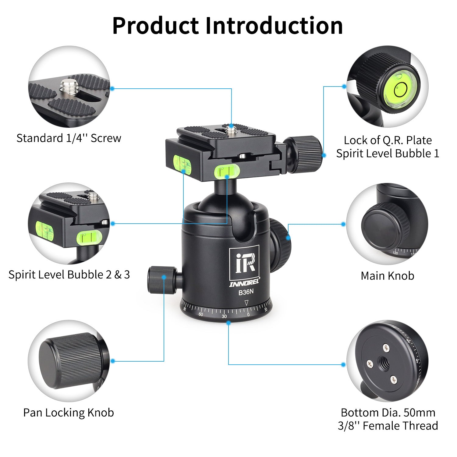 B36N ballhead detail showing locking knob base and 3/8in female thread spirit level bubble for precise levelling panoramic