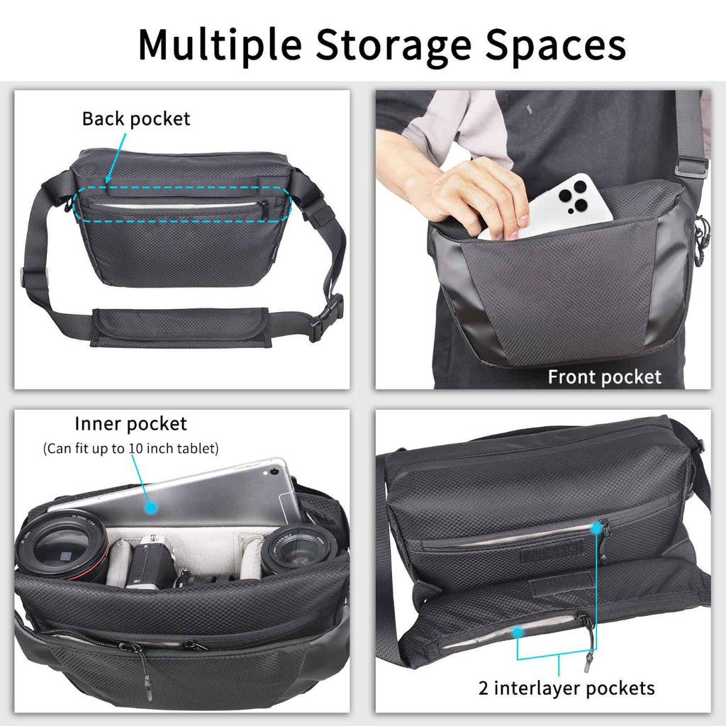 INNOREL CB0621 black camera sling bag with back front inner pocket and 2 interplayer pockets