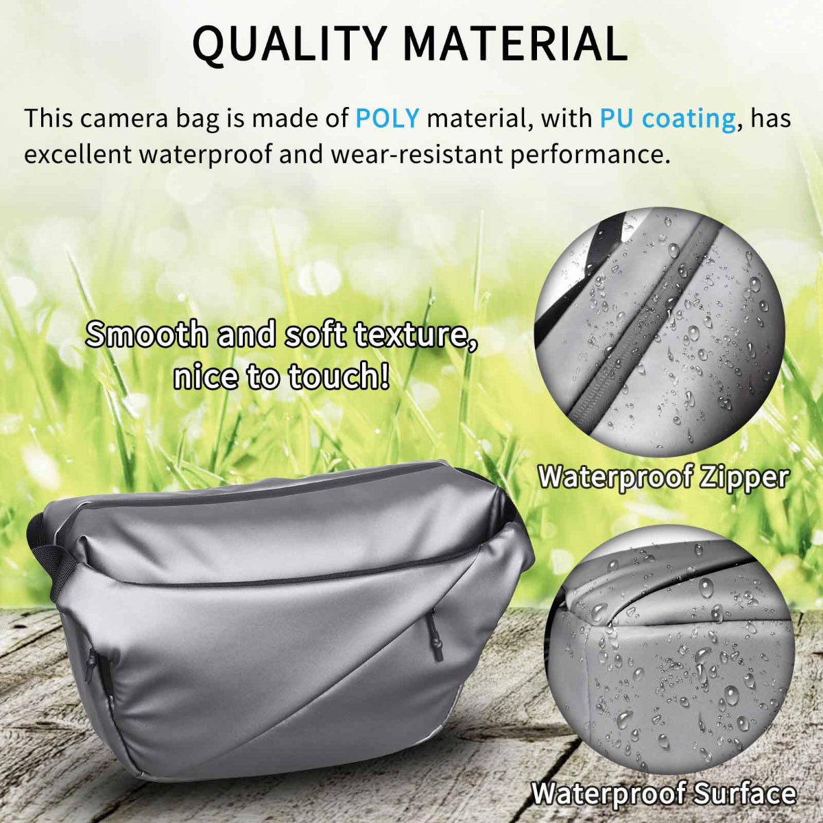 INNOREL CB0635 silver camera sling bag is made of POLY material with PU coating and has excellent waterproof and wear-resistant performance