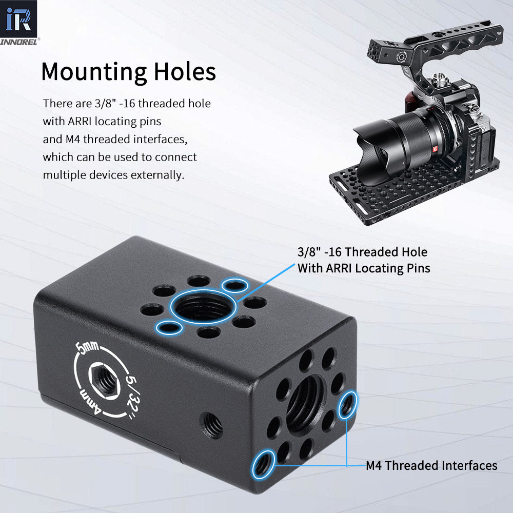 INNOREL CB1 cheese handle 3/8" -16 threaded hole with ARRI locating pins 1/4" -20 threaded hole with ARRI locating pins and M4 threaded interfaces for connecting multiple devices externally