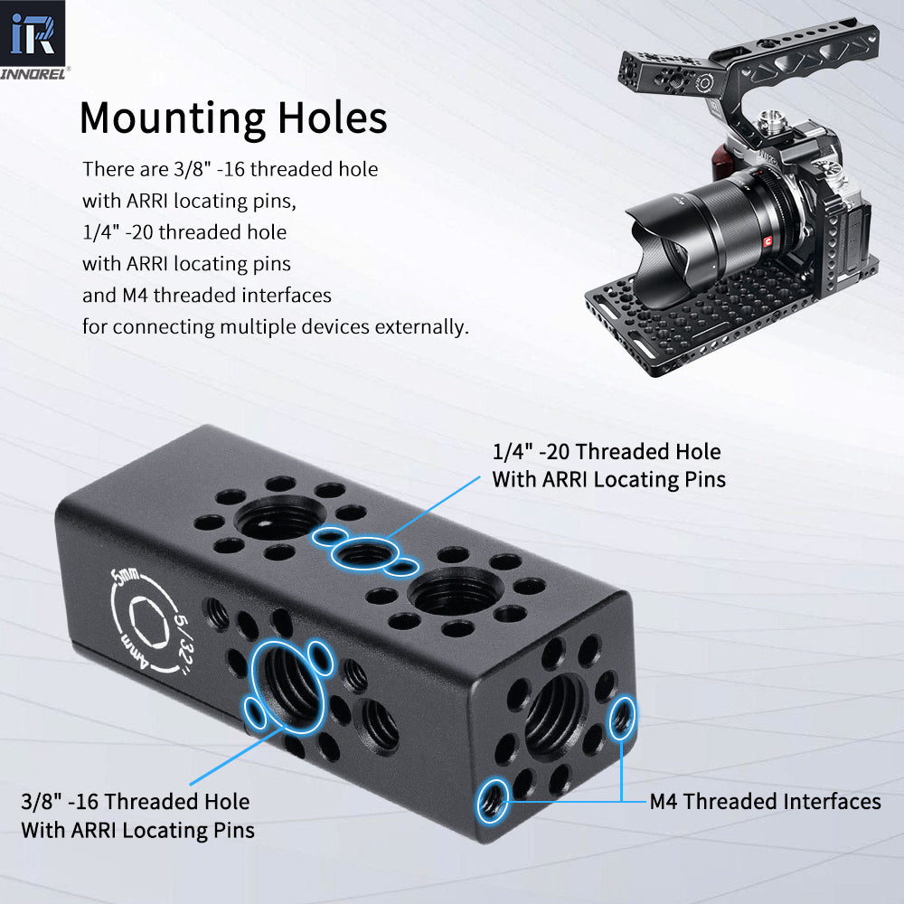 INNOREL CB2 cheese handle 3/8" -16 threaded hole with ARRI locating pins 1/4" -20 threaded hole with ARRI locating pins and M4 threaded interfaces for connecting multiple devices externally