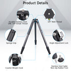 INNOREL CT284C tripod details showing sponge grip angle adjustment lock counter weight hook non-slip rubber foot stainless steel spike