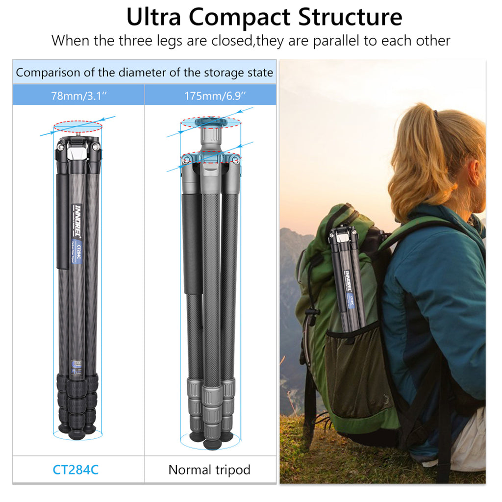 INNOREL CT284C lightweight stability in an ultra compact portable size three legs are closed and parallel to each other

