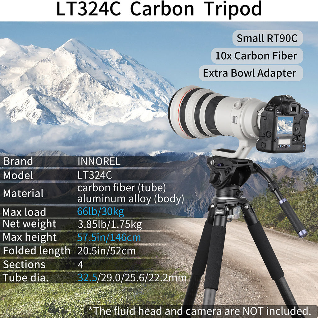 INNOREL LT324C carbon tripod with camera and lens against a mountainous landscape background.
