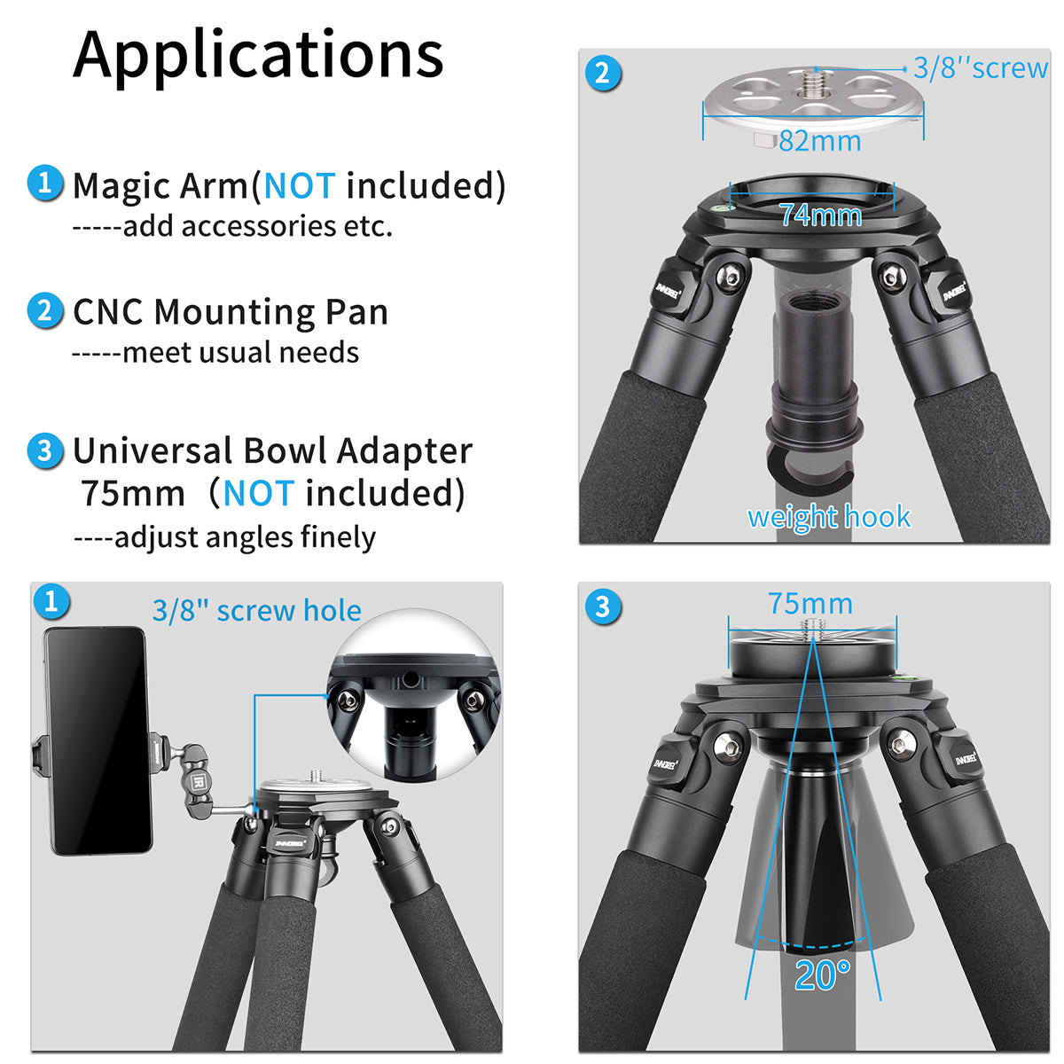 Technical specifications and features of a tripod with measurements and applications listed.
