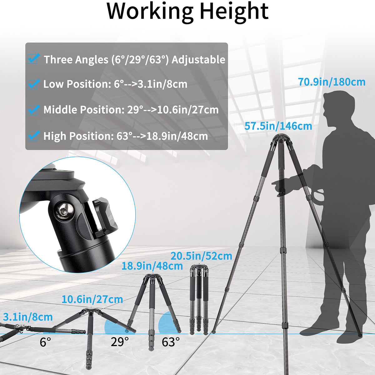 Tripod with adjustable angles and working height measurements, shown with a silhouette of a person for scale.