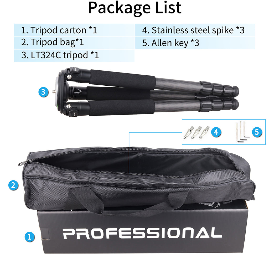 Package list of a tripod set with carton, bag, and accessories on a white background.