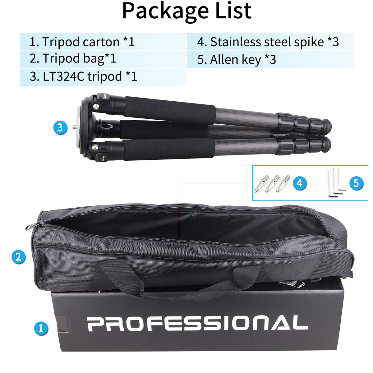 Package list of a tripod set with carton, bag, and accessories on a white background.