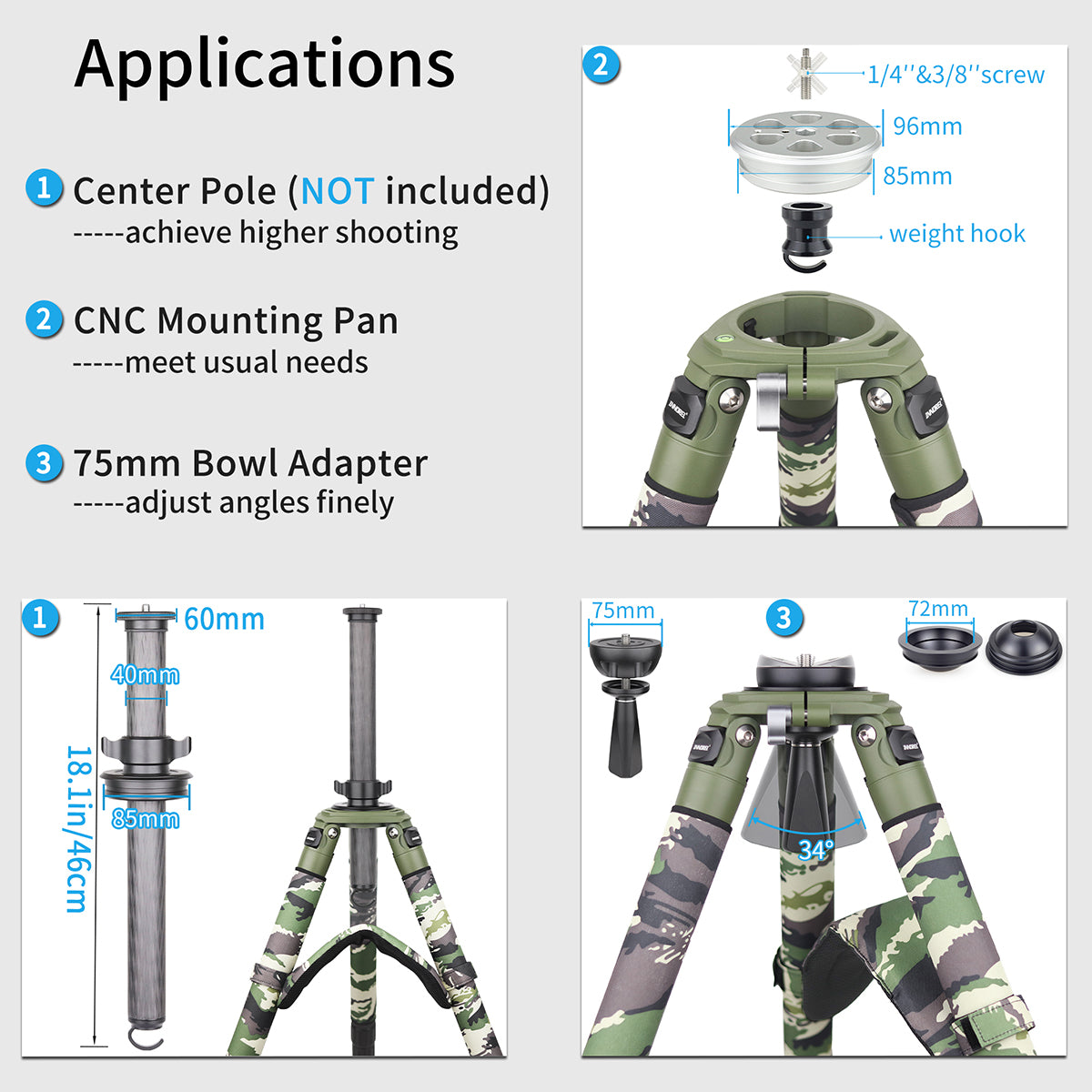 center pole to achieve higher shooting, 75mm bowl adapter to adjust angles finely