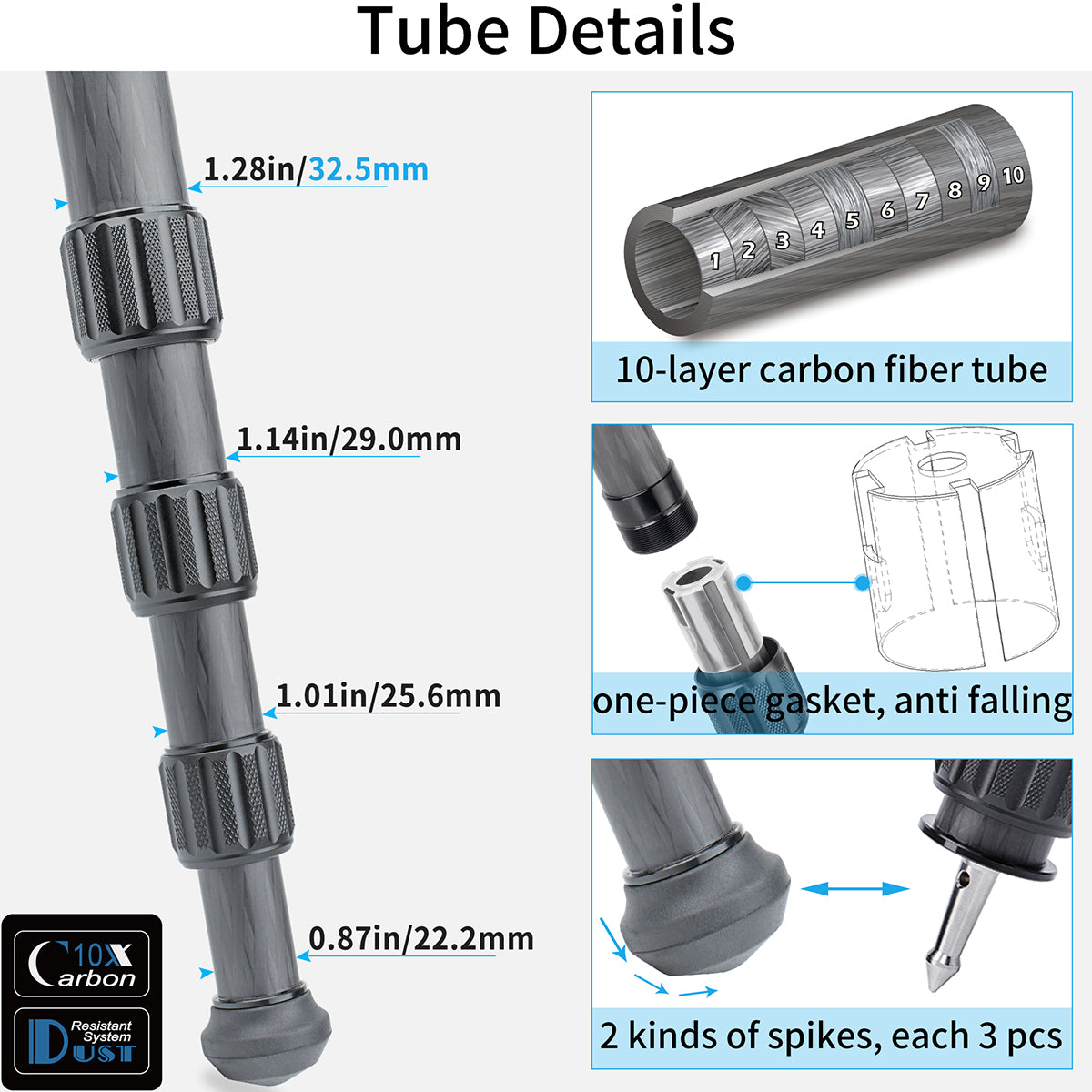 10-layere carbon fiber tube one-piece gasket anti falling 2 kinds of spikes available