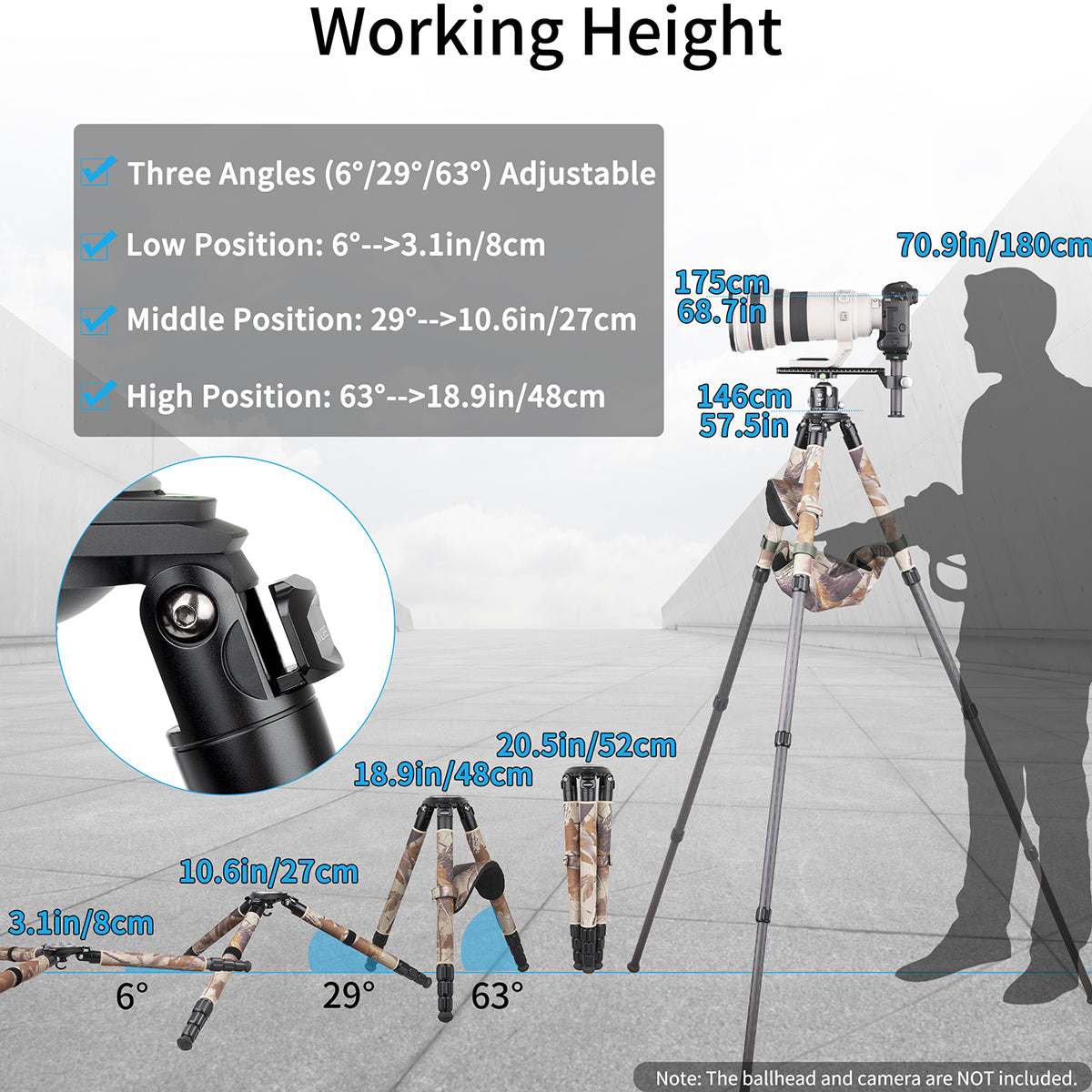 three angles adjustable working height from 3.1in/8cm to 57.5in/146cm