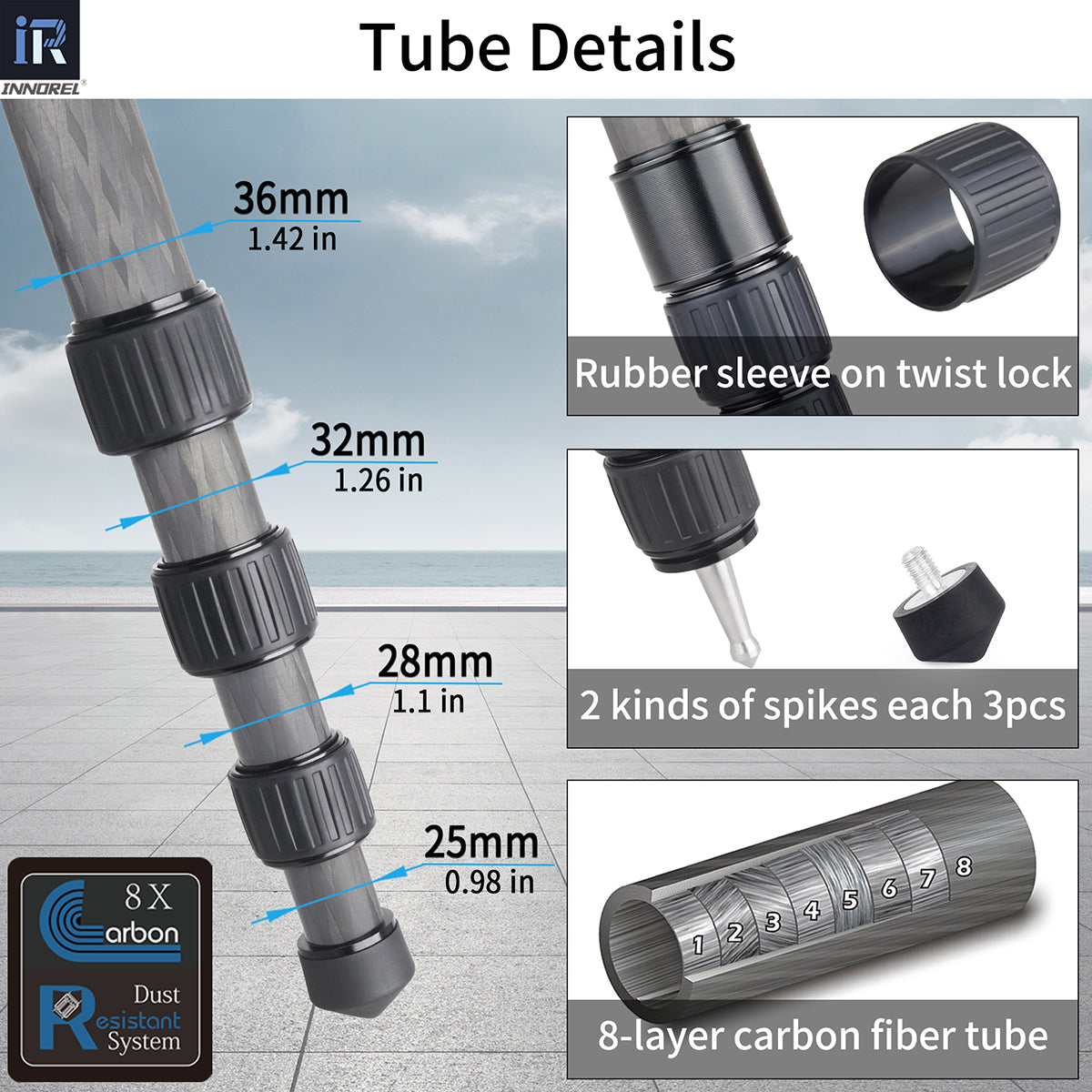 rubber sleeve on twist lock 8-layer carbon fiber tube rubber feet stainless steel spike
