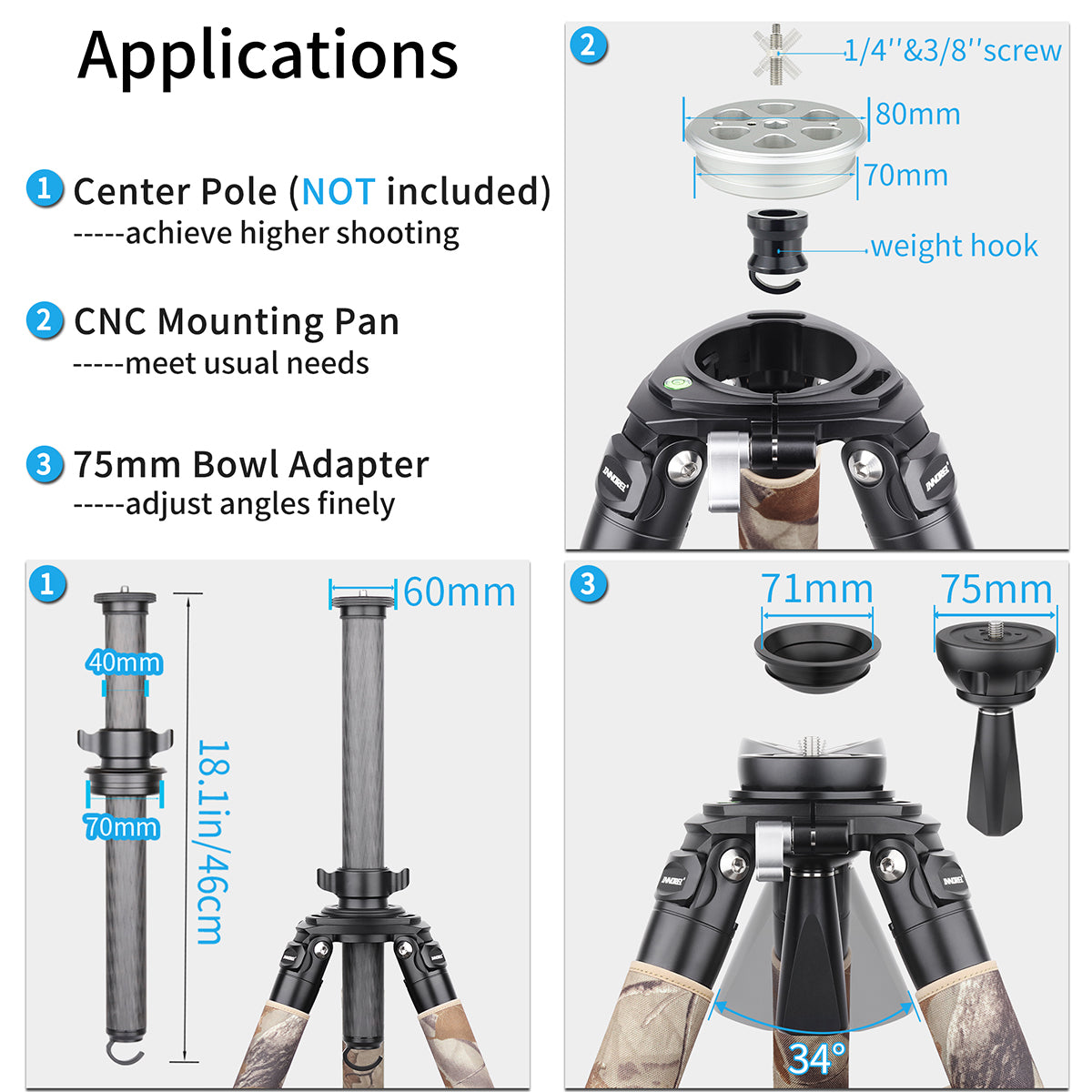 center pole to achieve higher shooting 75mm bowl adapter to adjust angles finely