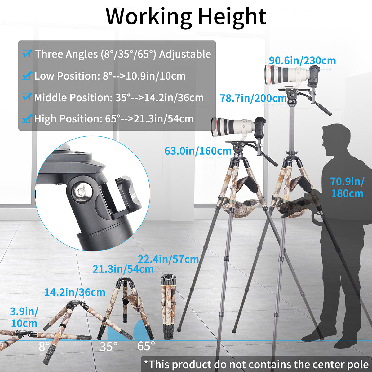 three angles adjustable wordking height from 3.9in/10cm to 78.7in/200cm