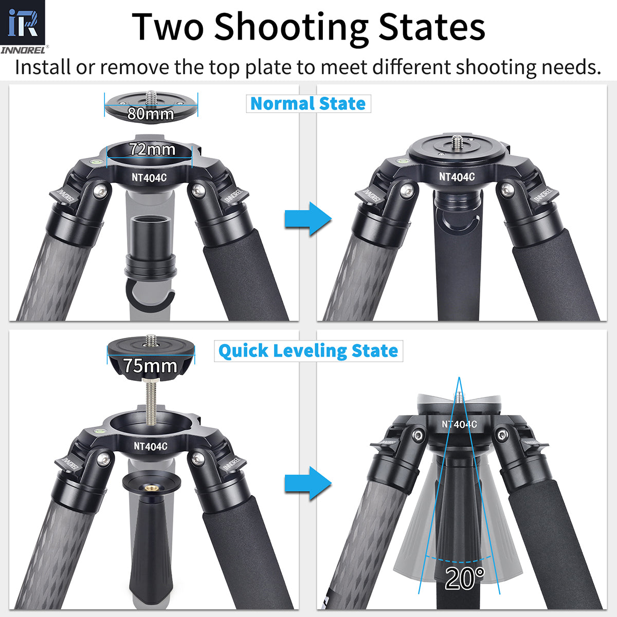 install or remove the top plate to meet different shooting needs quick leveling state