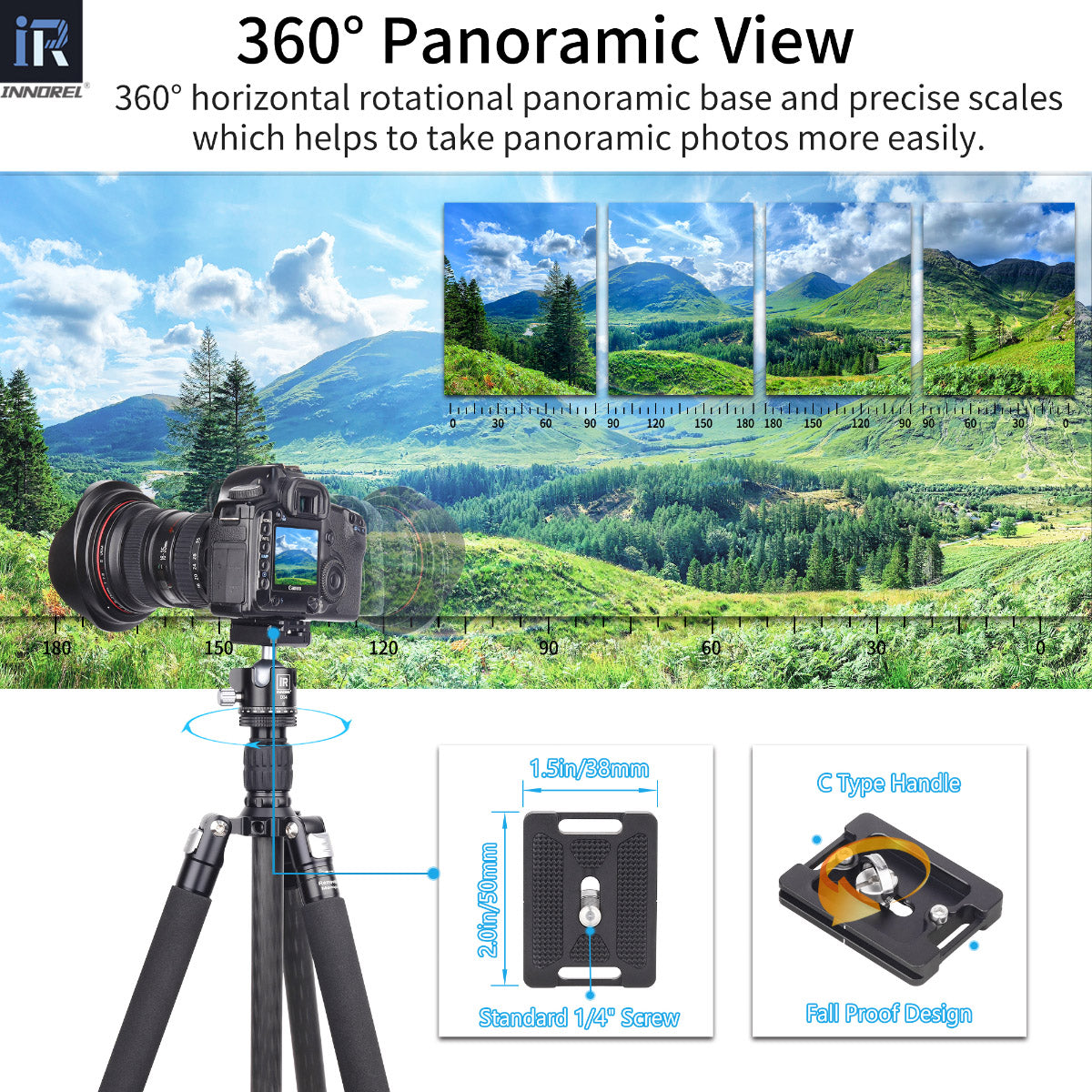 D34 ballhead design 360° horizontal rotational panoramic base and precise scales which helps to take panoramic photos easily 