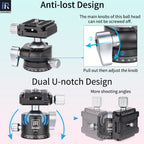 INNOREL D34 ballhead designed with anti-detach knobs for tool-free adjustment and dual U-notch for maximum shooting flexibility