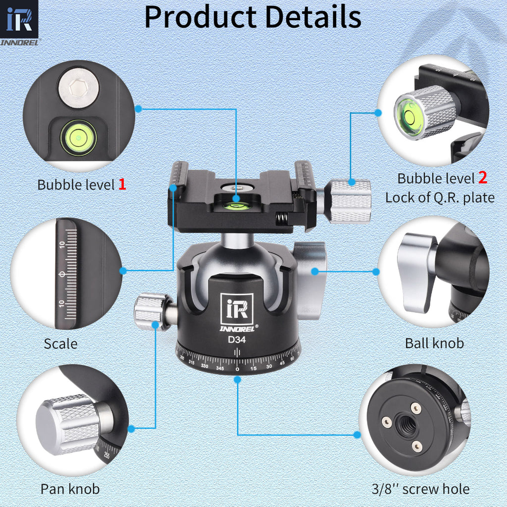 INNOREL D34 ballhead detail showing bubble levels for precise leveling QR plate lock mechanism scale for angle reference main ball knob panning knob and 3/8" female thread