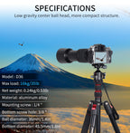 Specifications graphic for a camera tripod with a mounted DSLR camera and lens. The image features a scenic background of a snow-capped mountain under a blue sky, with product specs listed on the left side and the product shown on the right.