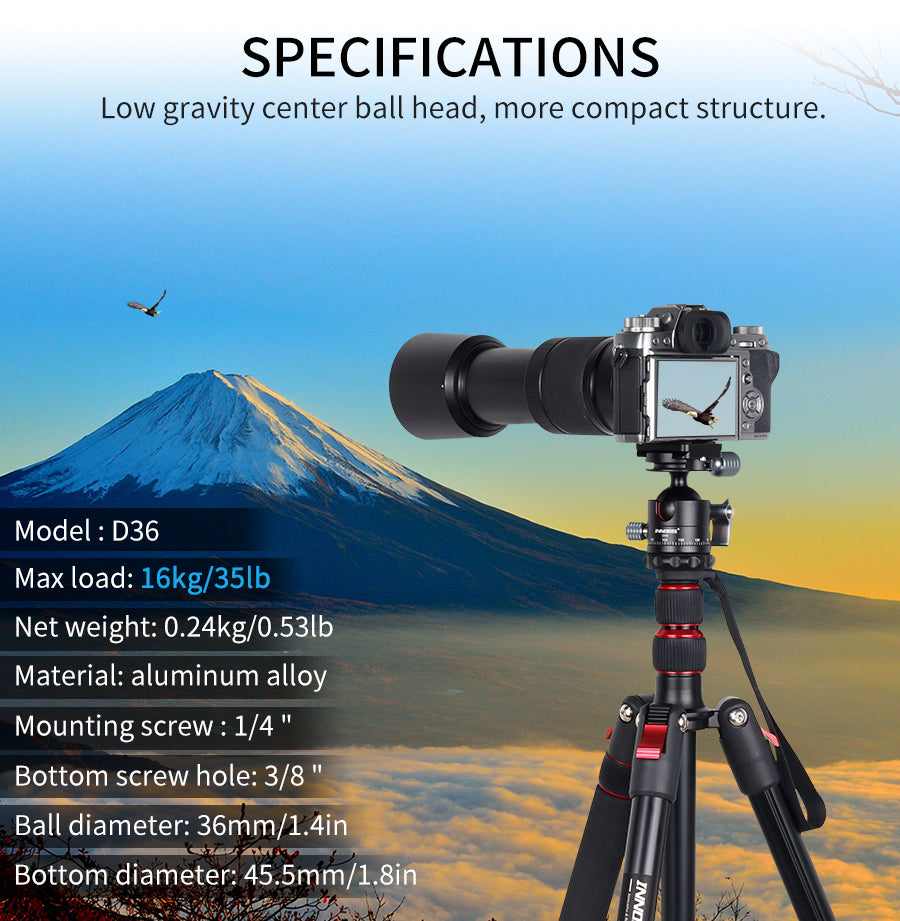 Specifications graphic for a camera tripod with a mounted DSLR camera and lens. The image features a scenic background of a snow-capped mountain under a blue sky, with product specs listed on the left side and the product shown on the right.