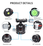 Product details diagram for an INNOREL ball head camera tripod mount, showing labeled callouts for bubble levels, pan knob, ball knob, panoramic scale, and 3/8" screw hole with blue arrows pointing to each feature.