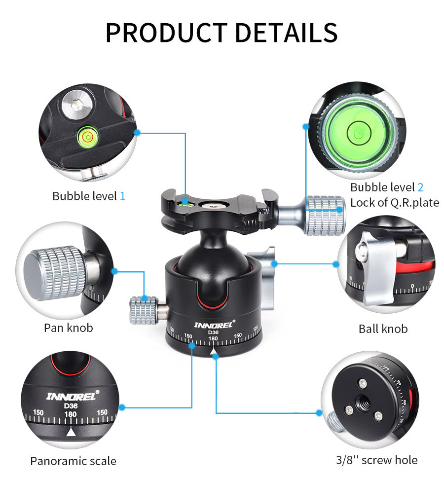 Product details diagram for an INNOREL ball head camera tripod mount, showing labeled callouts for bubble levels, pan knob, ball knob, panoramic scale, and 3/8" screw hole with blue arrows pointing to each feature.