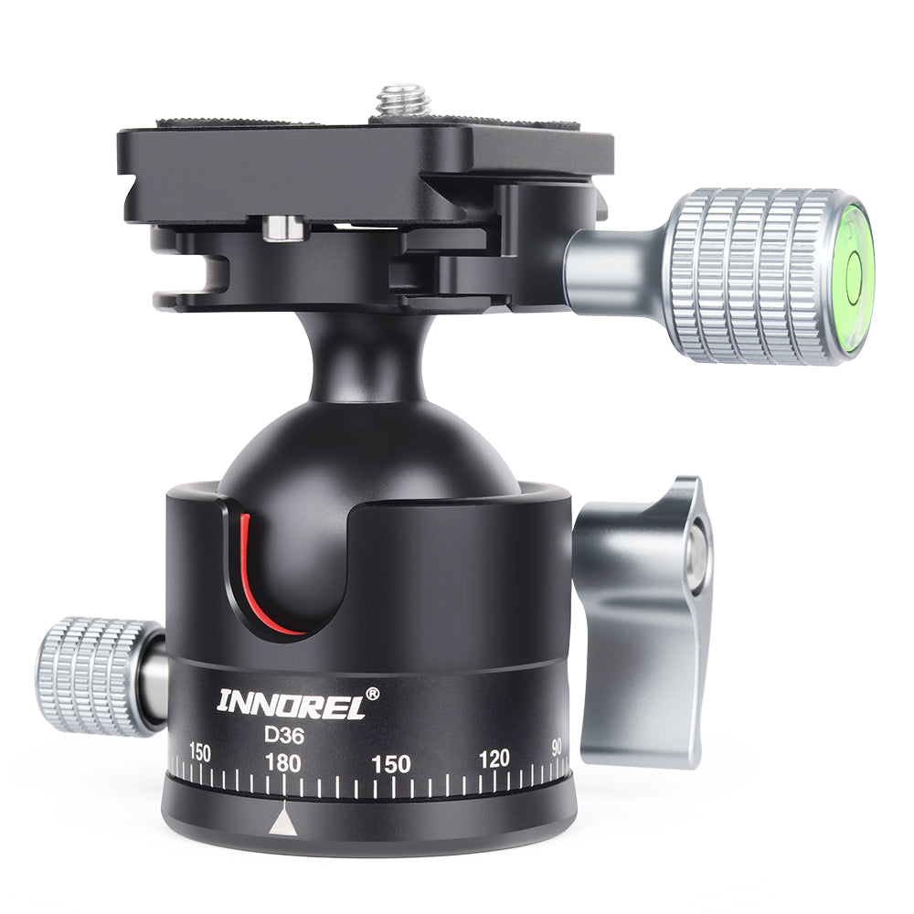 An Innorel D36 ball head camera tripod mount, featuring a matte black body with silver adjustment knobs and a red accent line, shown on a clean white background.