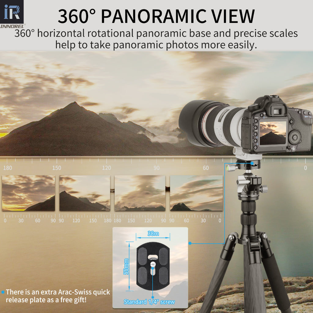INNOREL E40 ball head design 360° horizontal rotational panoramic base and precise scales with Aracrac-swiss Q.R.Plate which helps to take panoramic photos easily 