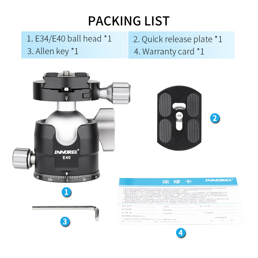 INNOREL E40/E34 ballhead package including ball head 2 quick release plate allen key warranty card