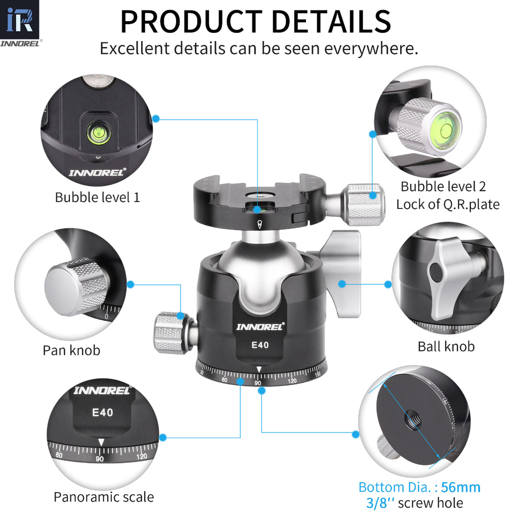 E40 ballhead detail showing dual bubble levels for precise levelling panoramic locking knob panknob ball knob panoramic scale