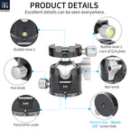 E40 ballhead detail showing dual bubble levels for precise levelling panoramic locking knob panknob ball knob panoramic scale