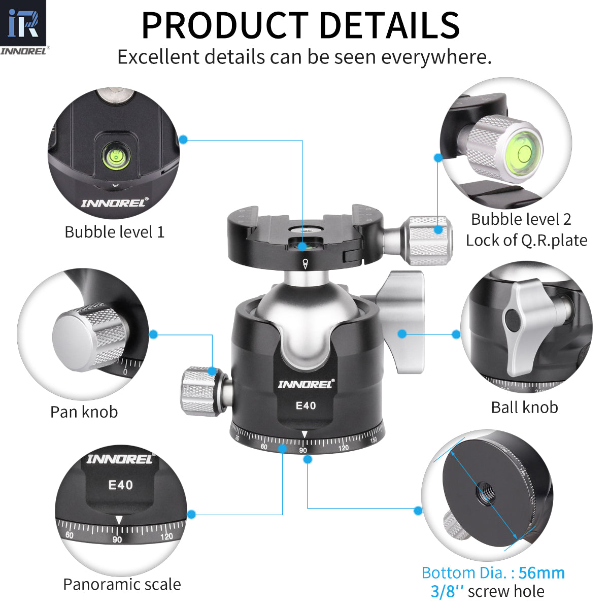 E40 ballhead detail showing dual bubble levels for precise levelling panoramic locking knob panknob ball knob panoramic scale