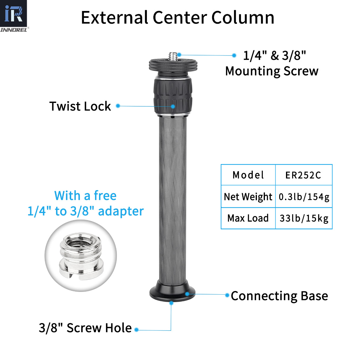 Colonne centrale de trépied en fibre de carbone 10 couches universelle INNOREL ER252C/ER282C/ER322C
