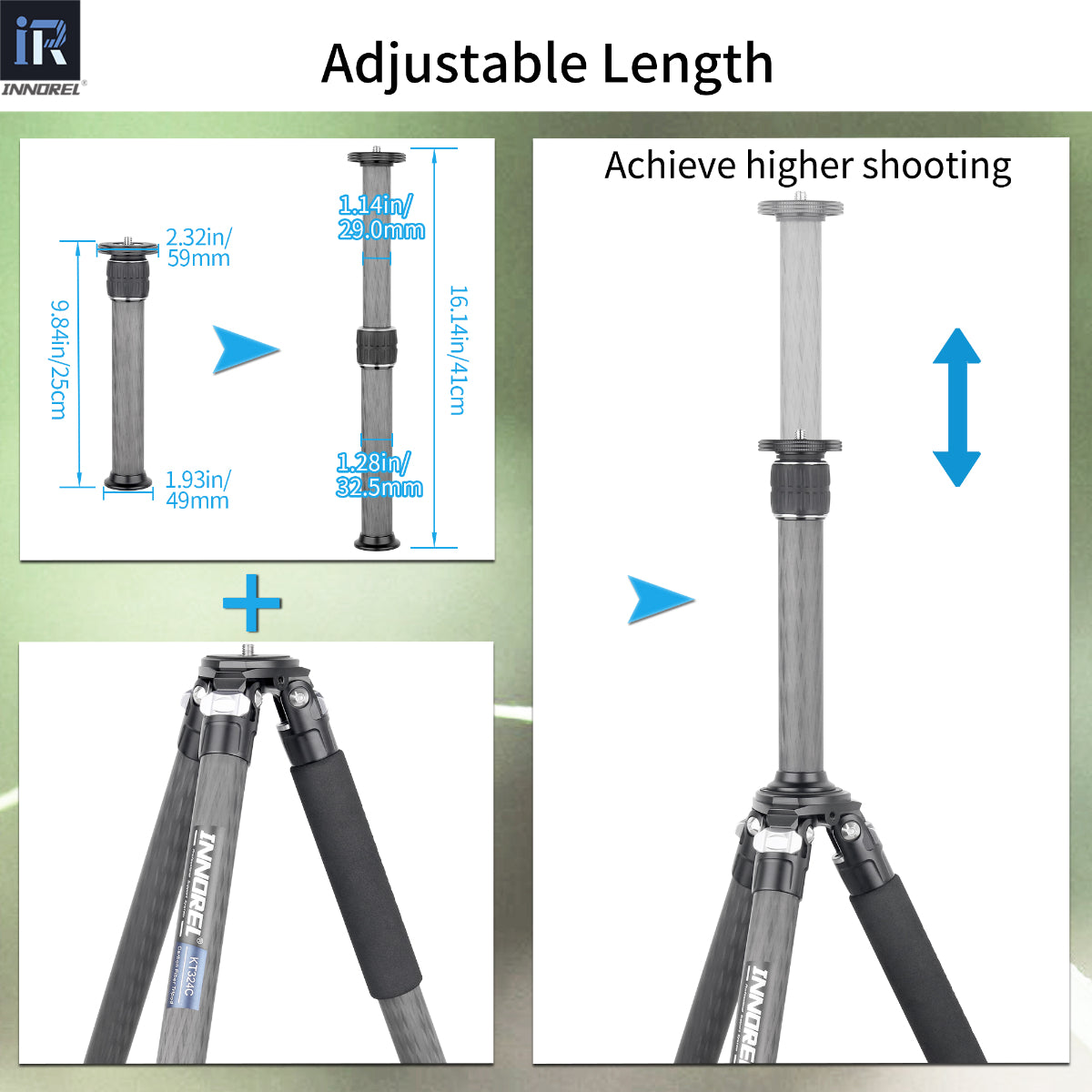 ER322C carbon fiber center column extends 25cm to 41cm and is adjustable length for higher perspective and flexible composition