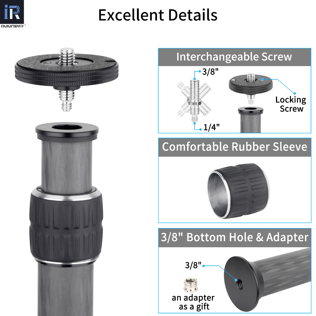 INNOREL ER322C column features interchangeable screw locking with comfortable rubber sleeve includes 3/8" bottom hole and adapter for versatile mounting options