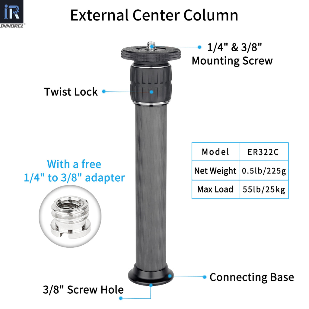 INNOREL ER322C tripod center column specifications max load 25kg top 1/4in ＆ 3/8in mounting screw connecting base with 3/8in screw hole