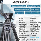 INNOREL VT80 tripod with specifications listed on a blurred cityscape background