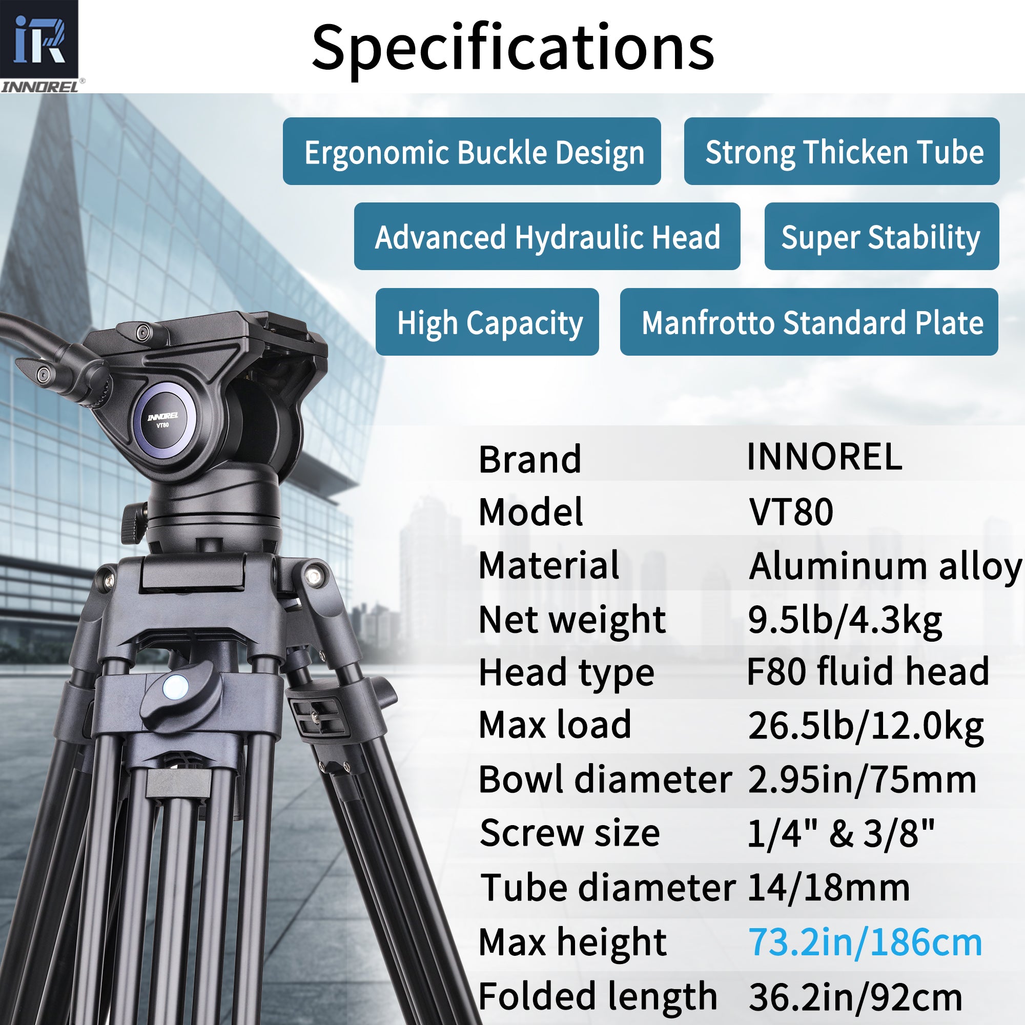 INNOREL VT80 tripod with specifications listed on a blurred cityscape background