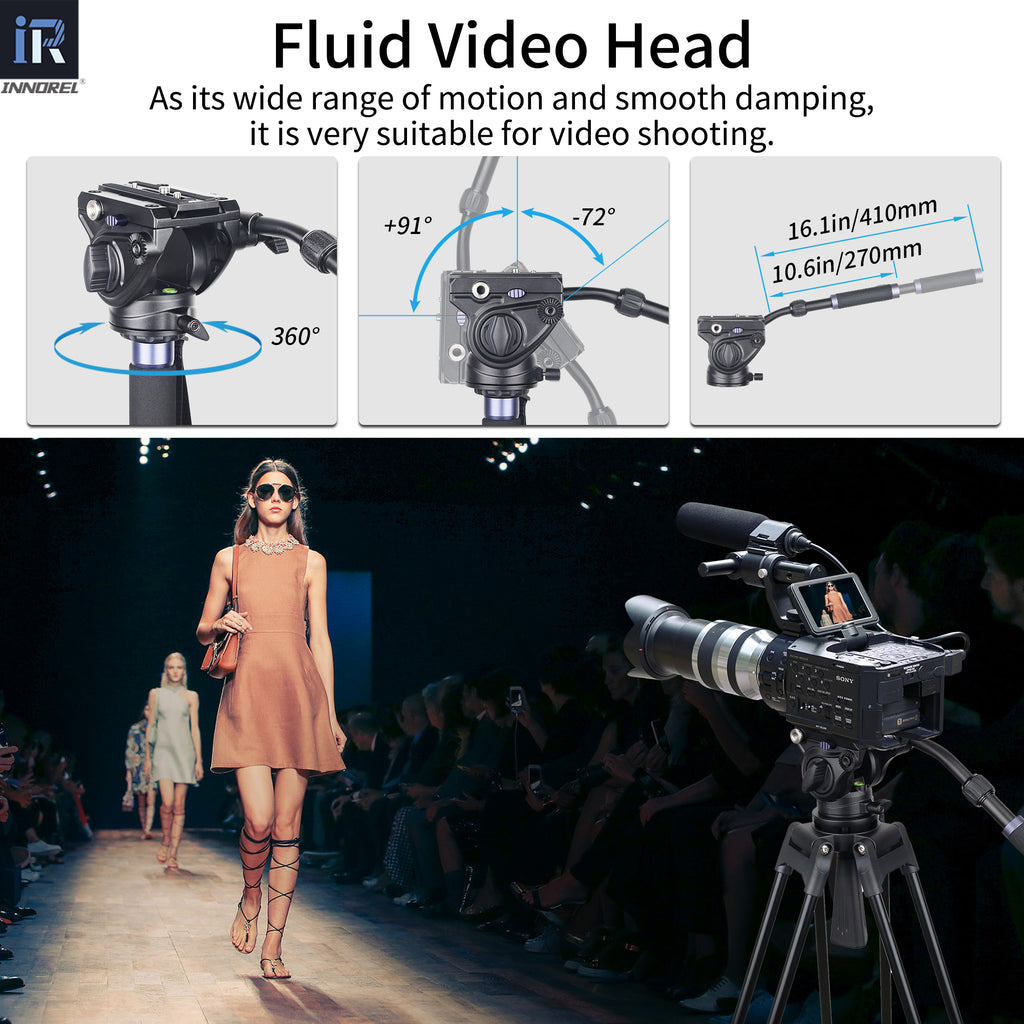 Camera fluid video head with specifications and a fashion show scene.