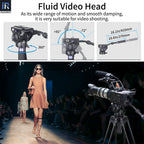 Camera fluid video head with specifications and a fashion show scene.