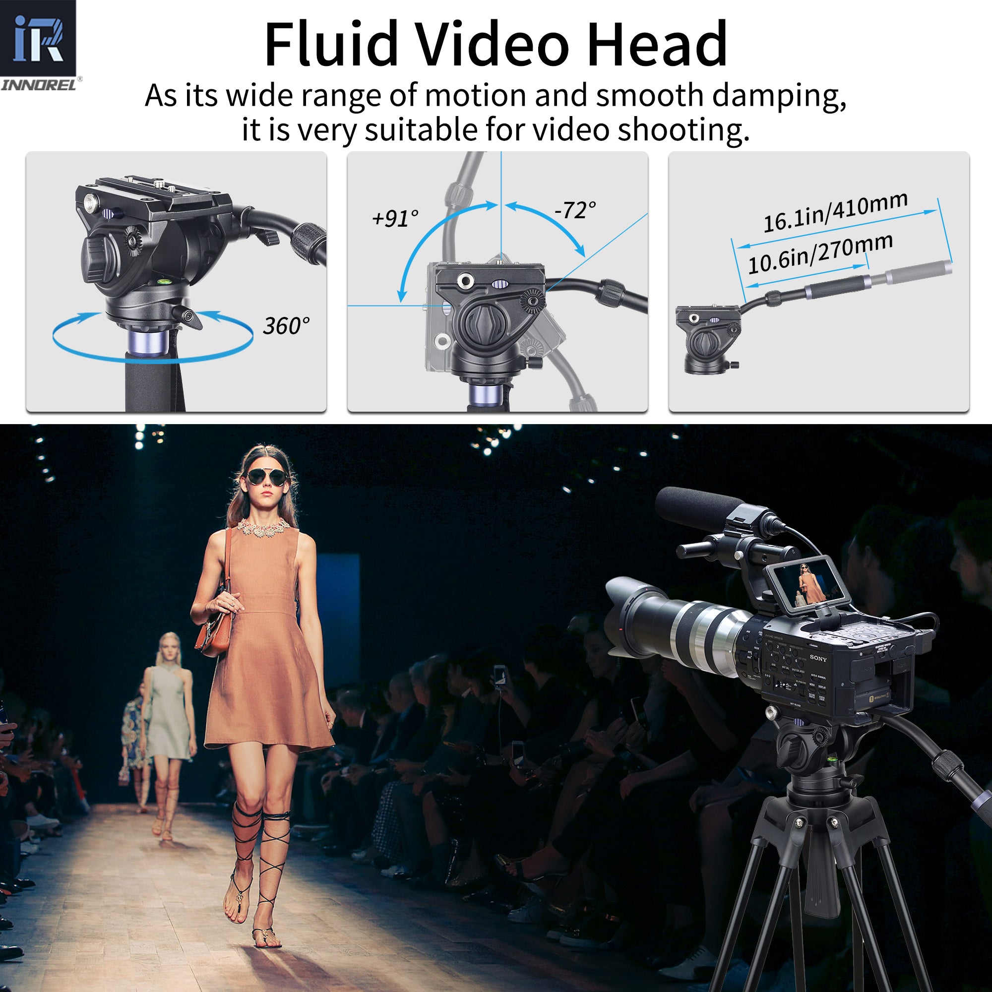 Camera fluid video head with specifications and a fashion show scene.