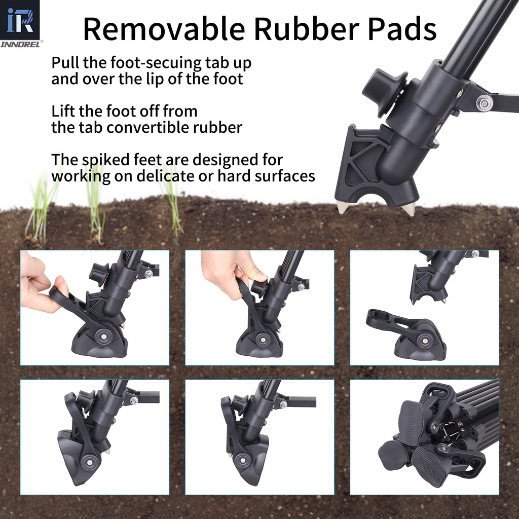 Removable rubber pad feature with text instructions and product demonstration on a soil background